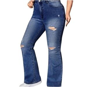 Women's Plus 4X Shein Slant Pockets Ripped Flare Jeans Curvy Distressed